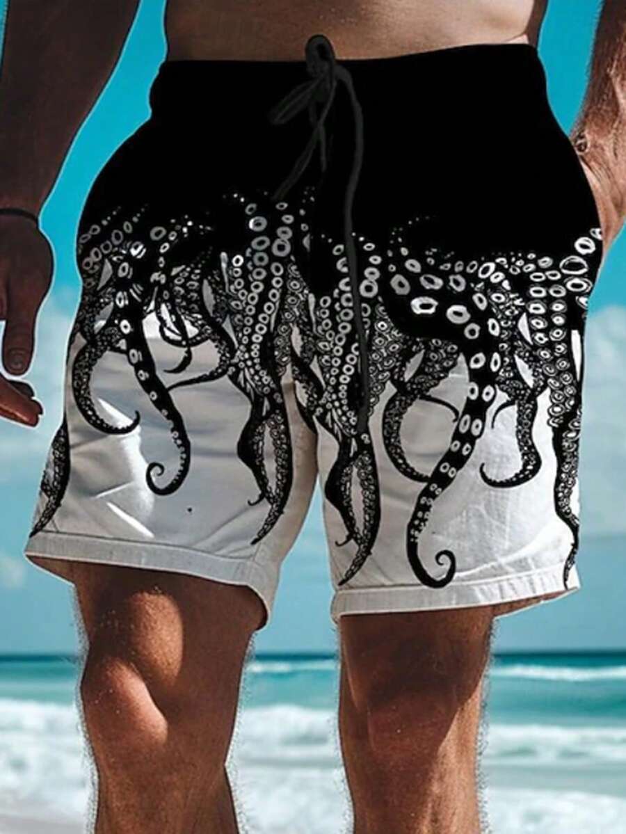 Men's White Drawstring Waist Loose Beach Shorts - White - View 1