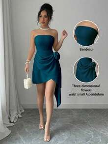 Vestido elegante y romántico de línea A con flecos y detalles florales, sin tirantes, color albaricoque, para el Día de San Valentín - Agua verde azul - Ver 1