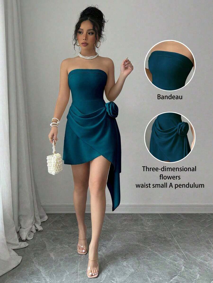 Vestido elegante y romántico de línea A con flecos y detalles florales, sin tirantes, color albaricoque, para el Día de San Valentín - Agua verde azul - Ver 1