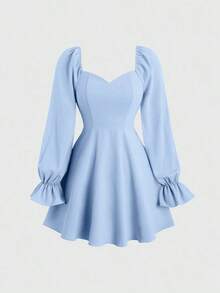 Vestido De Cuello De Novia Y Manga Larga Con Volantes Para Mujer - Negro - Ver 6