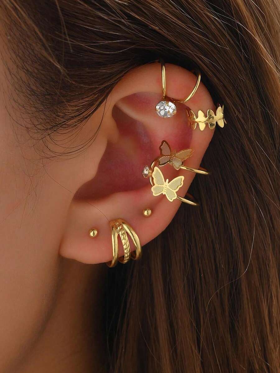 6pcs/Set Delicate Zirconia Inlay Clip Earrings For Women, Perfect For Dates, Parties, Daily Wear And Commutes - Yellow Gold - View 1
