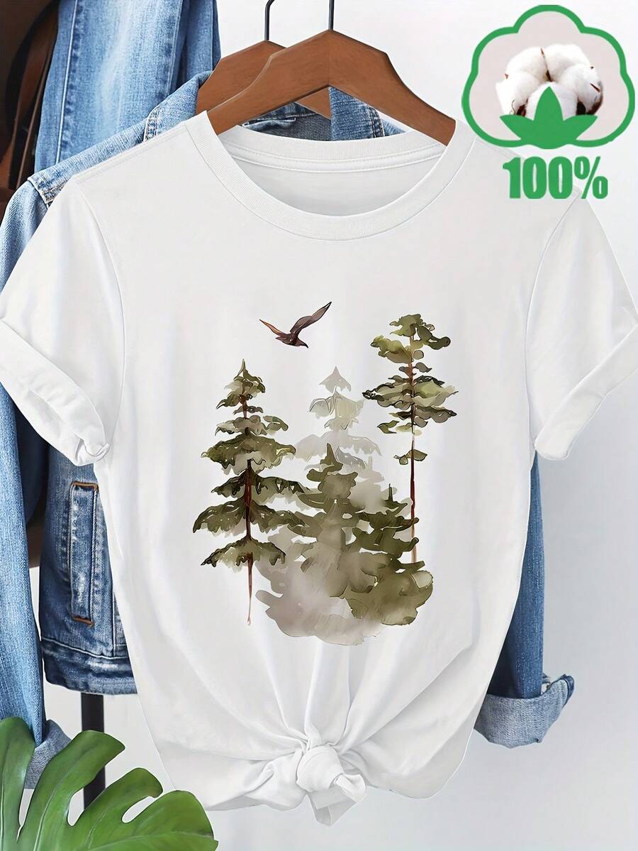 A Short-Sleeved T-Shirt With A Watercolor-Style Natural Landscape Print, Made From 100% Cotton, With A Round Neck, Pet-Friendly, Breathable And Versatile For Casual Outings And Family Visits, Suitable For Wearing Alone Or Layered - 白色 - 查看 1