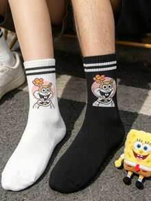 SpongeBob SquarePants 2双男女通用卡通动漫图案中筒袜，时尚百搭情侣袜，春夏轻薄休闲运动袜 - 彩色 - 查看 4