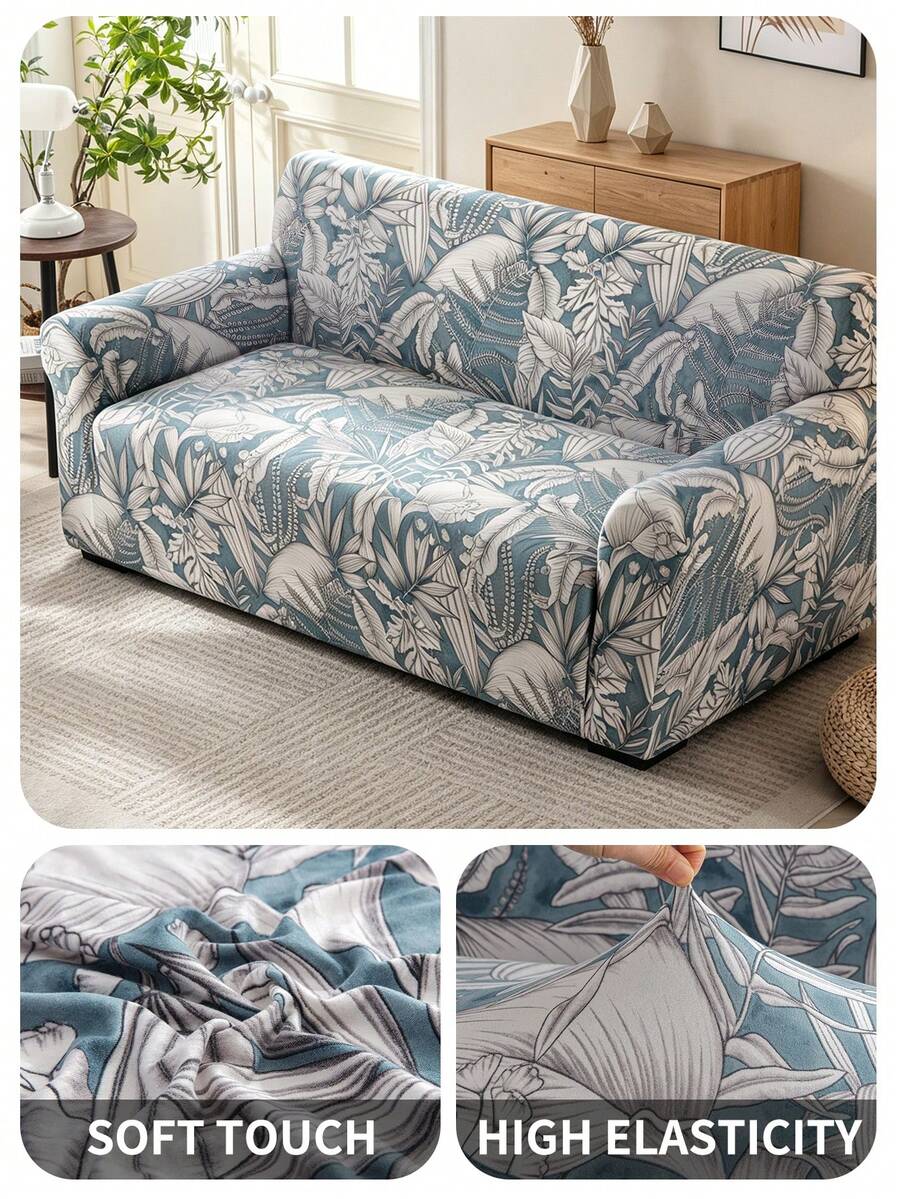 1pc Printed Full Coverage Sofa Slipcover, Botanical Pattern Print, Modern Style Sofa Protector Cover, Suitable For Living Room & Office Sofa Decor, Pillow Cover Not Included - Baby Blue - View 1