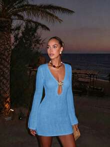 FOR BEAUTY 夏季 Y2K 女款泳裝外罩洋裝，藍色深 V 領鏤空針織洋裝，花卉細節波希米亞風海灘度假外罩 - 淺寶蘭 - 查看 6