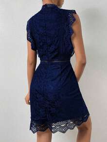 Lunessa Vestido con encaje de cuello alto ribete en abanico - azul real - Ver 2