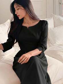 Vestido Formal de Oficina para Mujer, Cuello en V Cuadrado, Manga Abullonada, Cinturón en la Cintura, Vestido Midi Ajustado de Cintura Alta - Negro - Ver 2