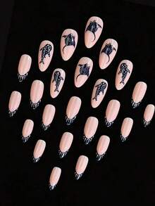 24pcs Summer Starfish & Mushroom Nail Stickers, Oval Nails, Vibrant Summer Style Combining Coral Pink, Mint Green, Starfish & Mushroom Elements, Glossy, Full Coverage Oval Nails, Suitable Beach, Commute, Party, Work And Other Occasions Women! - 藏蓝色 - 查看 11