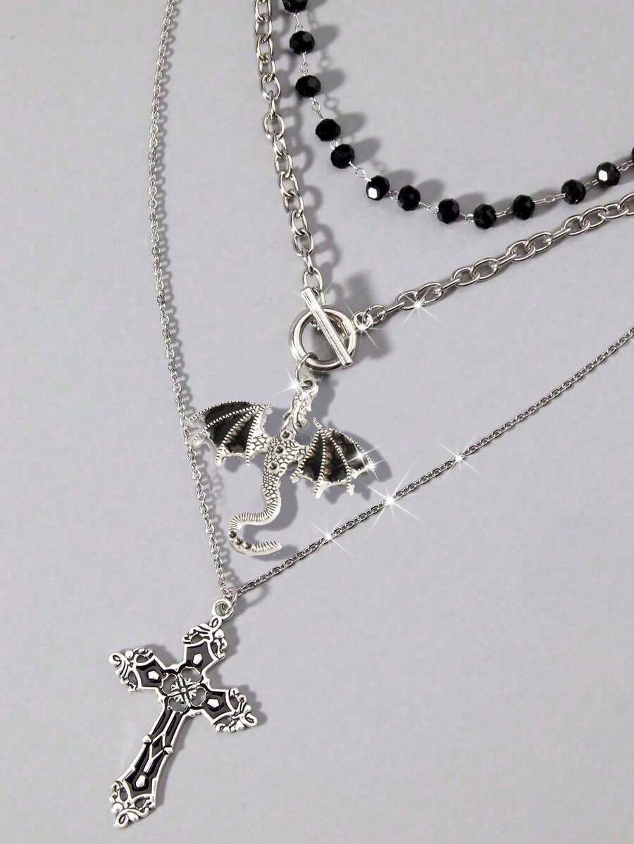 Bộ 3 món dây chuyền hạt cườm đen phong cách Gothic Punk cổ điển hình cánh rồng và khủng long, dây chuyền nhiều lớp hình thánh giá đen, bộ dây chuyền choker nhiều lớp thiết kế Y2K kiểu Âu Mỹ dành cho nữ. - màu đen - Xem 1
