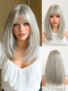 7JHH WIGS 女士齐肩直发灰色假发，16英寸优雅灰棕色挑染刘海假发，高品质柔软丝滑耐热合成纤维假发，适合日常佩戴，完美适用于节日、角色扮演和音乐节，也是毕业礼物和母亲节礼物的理想之选。 - 淺灰色 - 查看 3