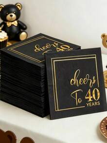 16Pcs Disposable Black Gold Foil 40th & 50th Anniversary Theme Paper Napkins, Party Table Decor Disposable Dinner Napkins For Birthday Party, Bachelorette Party, Graduation, Wedding Bridal Shower, Holiday Celebration, Picnic, Daily Use, Kitchen Dining, Event Party Supplies - Black Gold 40th & 50th Anniversary Theme - View 2
