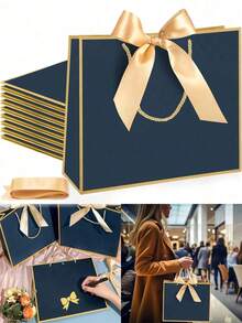 Landscape Style Bags,Paper Gift Bags,Shopping Bags With Handles With Bow, Bridesmaid Handled Bags, Bow Tie Handle Bags, Suitable For Wedding, Birthday For Birthday,Anniversary, Wedding Party, Wedding Guest Favors, Graduation, Housewarming (Navy Blue) - Multicolor - View 1