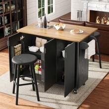 Kitchen Island Table, Dining Cart With Wood Grain Finish, Buffet Table, 130x45 (75) X 92 Cm, Retractable Kitchen Cart With Wheels, Comes With Towel Rack, Seasoning Rack, Adjustable Divider, Three Doors, White/Black - Black - View 4
