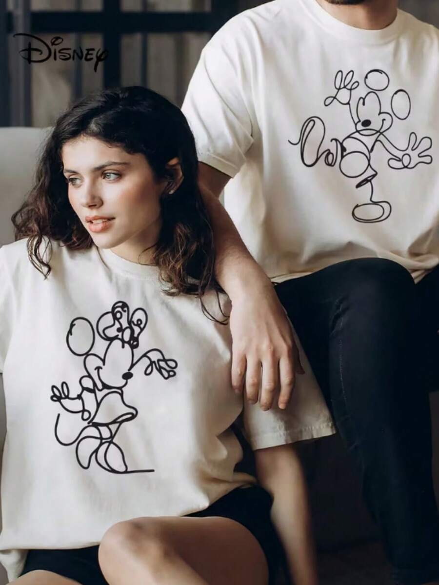 Disney "Minimalist Line Style" Disney Mickey Minnie Couple Short Sleeves, Disney Authentic Authorization, Minimalism, Suitable For All Seasons, Micro-Elastic, Simple  Daily Couple Clothes, Valentine's Day Gift Recommendation. - 男士T卹 - 查看 1