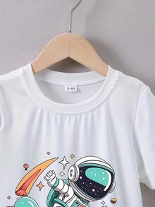 Boys' T-Shirt With Rocket And Astronaut Print, Short Sleeves, And Casual Fit. Ideal For Everyday Wear In The Summer. 100% Cotton - 白色 - 查看 4