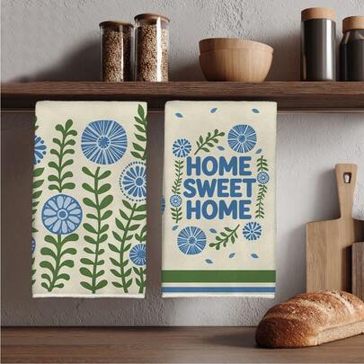 Bộ 2 khăn lau bếp màu xanh dương họa tiết hoa văn hình học và dòng chữ "Home Sweet Home", kích thước 40*60cm (15.75*23.62in), chất liệu polyester microfiber, kiểu dáng hiện đại, mềm mại, thích hợp làm phụ kiện nhà bếp, có thể giặt máy, dùng cho phòng ăn, nhà bếp, phòng tắm, trang trí nhà cửa, làm quà tặng.