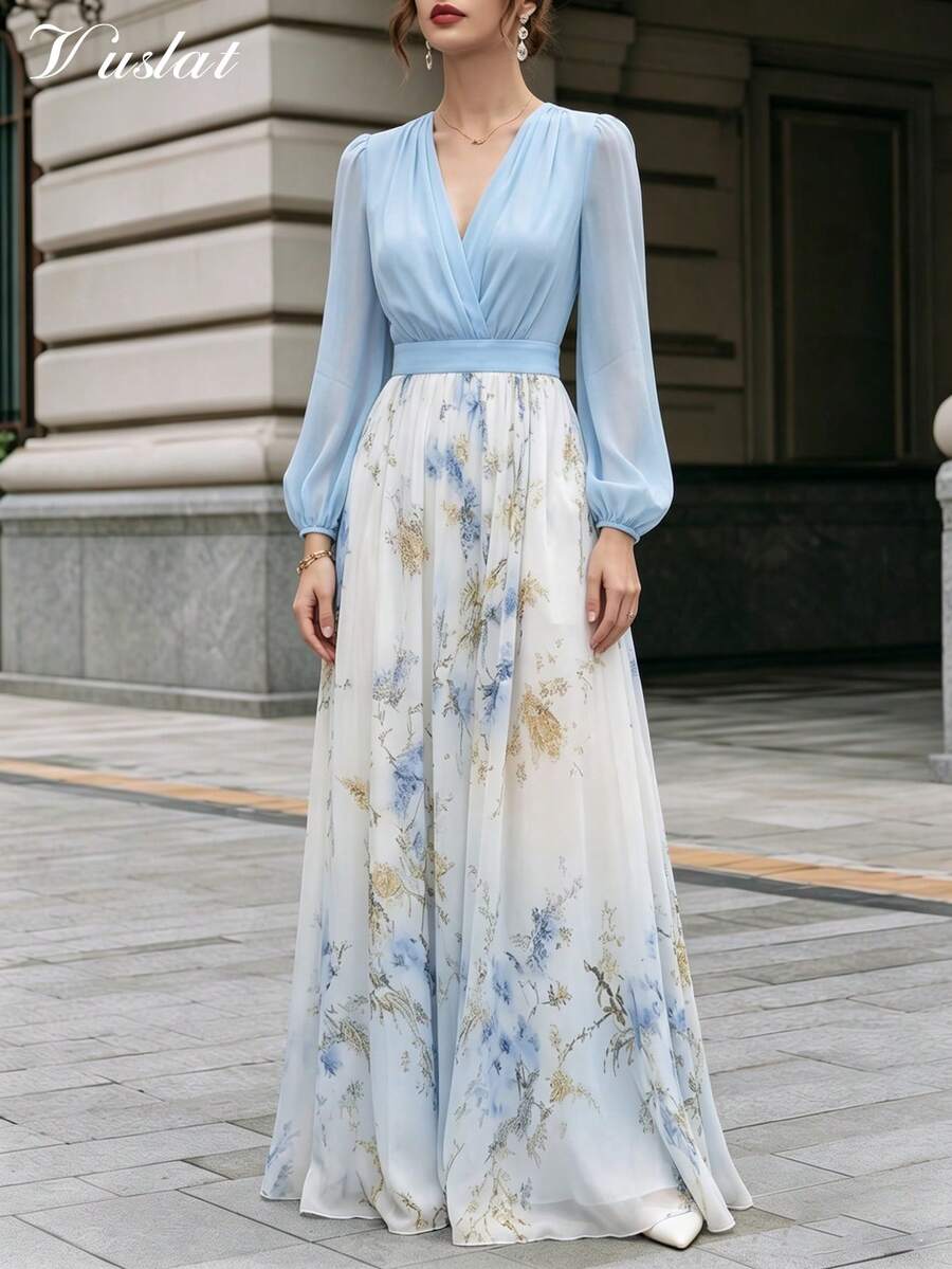 Vuslat 女款秋季休閒法式風淺藍色深V領印花長洋裝，仙氣收腰設計修身顯瘦，適合度假、約會、宴會、生日派對、假日、通勤上班、派對聚會、鄉村音樂會