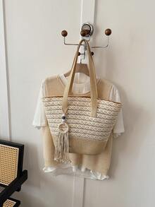 Straw Tote Bag For Women, Large Capacity Handbag, Countryside Style, Versatile For Summer Outings - Multicolor - View 12