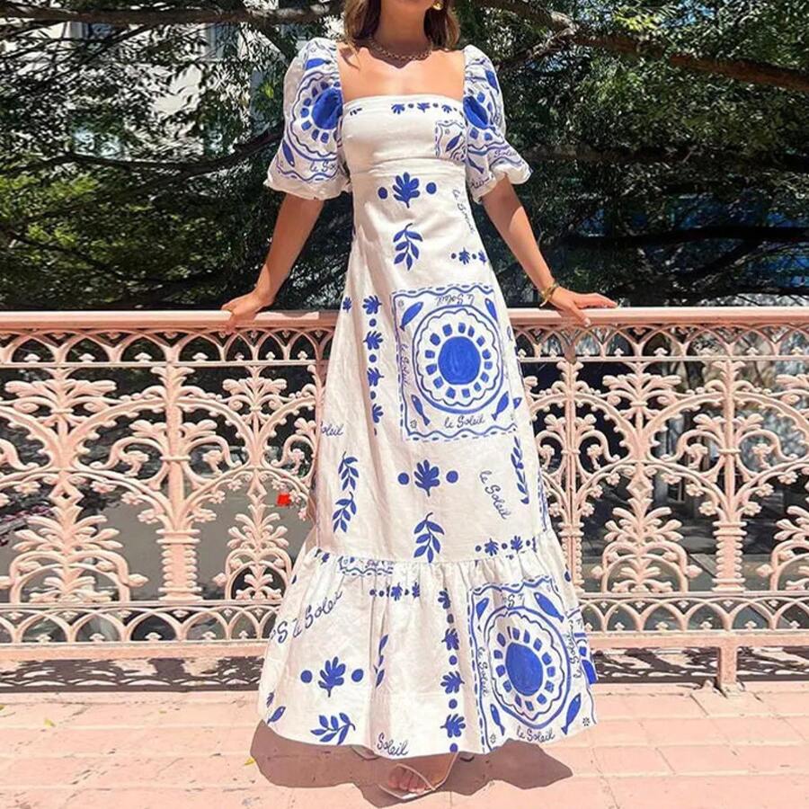 2026 Spring New Women's Clothing-Border European And American Dress Casual Off-Shoulder Sleeve Printed Long Dress - 28338-白底印花 - 查看 1