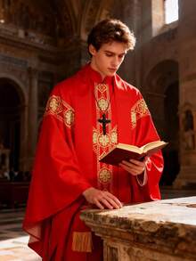 New European-Style Printed Mandarin Collar Robe, Made Of High-Quality Opaque Fabric, Crisp And Stylish Wear. Decorated With Exquisite Golden Four-Leaf Clover Patterns On The Chest And Hem, Fully Showcasing A Sacred And Solemn Ceremonial Atmosphere. Suitable For Church Service, Easter, Christmas Choir Performance - Red - View 2