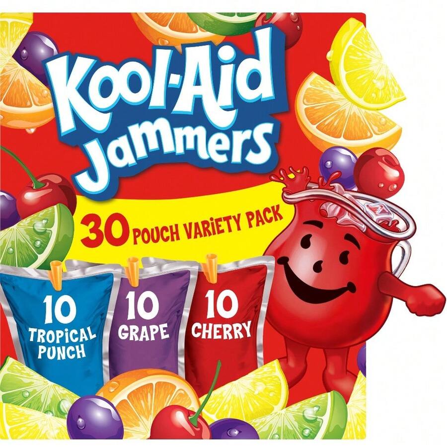 Kool-Aid -Aid Jammers Drink, 30 Pouches, For School Lunches And On-The-Go Hydration, Artificially Flavored Tropical Punch, Grape And Cherry Flavors, 6 Fl Oz - Variety Pack - View 1