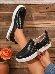 Women's Slip On Loafers With Arch Support & Side Zipper – Casual Fashion Sneakers 8010 - blackcroco - View 1