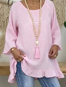 Women's Pink Polyester Round Neck Drop Shoulder Long Top, Ruffle Hem Flared Design, Bohemian Casual Style - Pink - View 11