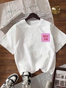 Camiseta blanca de manga corta, de corte holgado y caída de hombros, con estampado de letras y rayas, para uso casual y diario en verano - Multicolor - Ver 2