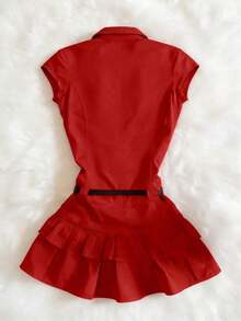Vestido corto casual de mujer con dobladillo con volantes, verano - Rojo - Ver 2