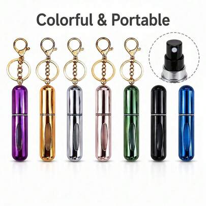 Bộ 7 chai xịt nước hoa mini nhiều màu sắc, chất liệu kim loại, kèm móc khóa vàng, thích hợp mang theo khi đi du lịch.
