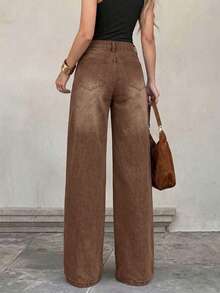 Quần jeans nữ màu nâu bạc màu, ống đứng, dáng dài thoải mái, không co giãn, có khóa kéo. - Cà phê nâu - Xem 3