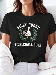 Women's Silly Goose Pickleball Club TShirt Funny Goose & Olive Branch Pickleball Graphic Casual Top For S Apparel Spring Summer Casual Wear For Pickleball Fans & Casual Outf.Jpg - Black - View 1