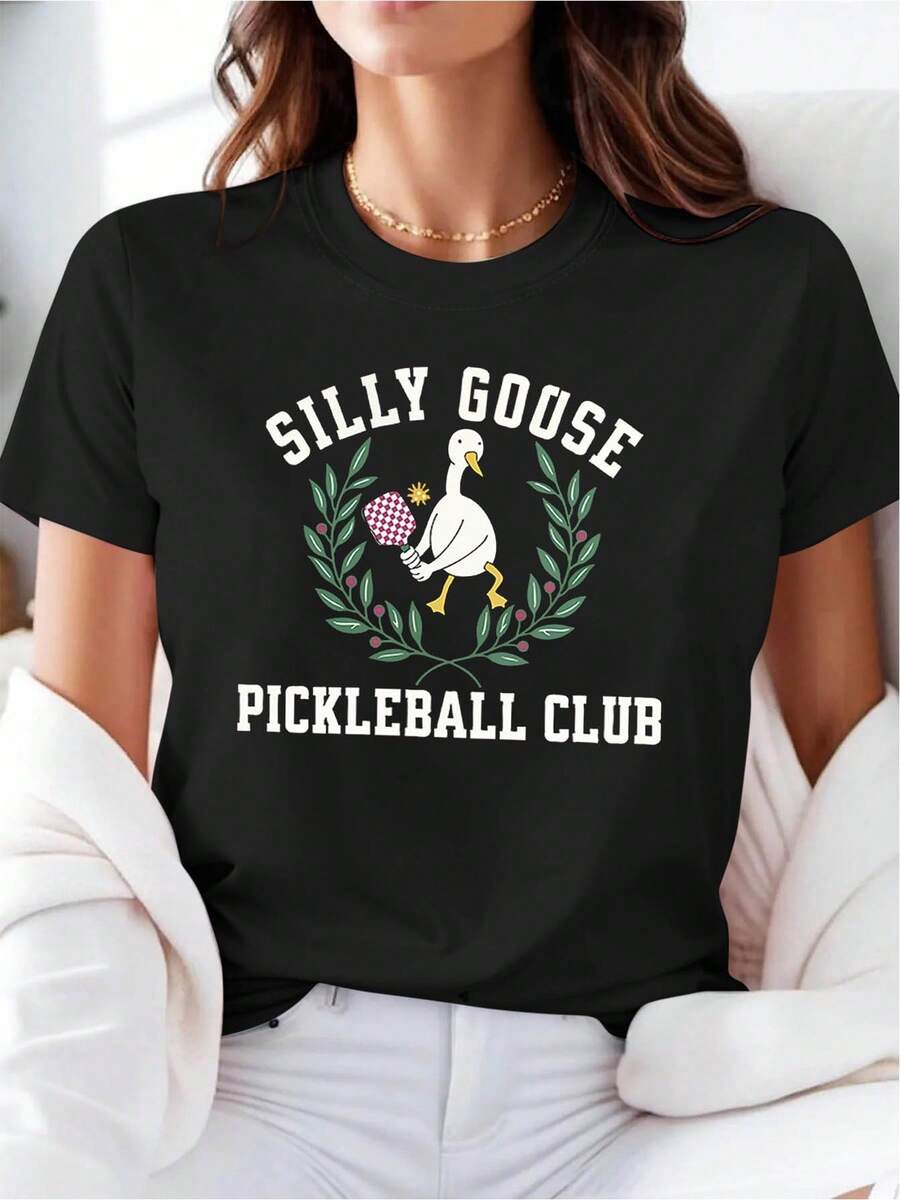 Women's Silly Goose Pickleball Club TShirt Funny Goose & Olive Branch Pickleball Graphic Casual Top For S Apparel Spring Summer Casual Wear For Pickleball Fans & Casual Outf.Jpg - Black - View 1