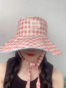 春夏格子双面抽绳渔夫帽，女士新款时尚宽檐遮阳帽，适合大头围，户外防晒露营帽，沙滩旅行帽 - A - 查看 3