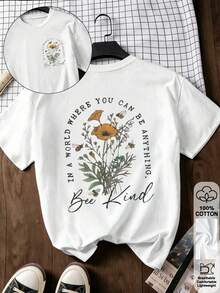 Vintage Oversized Damen Biene Blume Print T-Shirt, 100% Baumwolle Rundhals Locker Top - 白色 - 查看 7