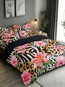 3pcs Bohemian Style African Animal Leopard Zebra Print Pink Hibiscus Floral Pastoral Bedding Set, Duvet Cover (1pc) + Pillowcases (2pcs, Without Pillow Insert), Soft Comfortable Warm Bedroom/Guest Room/Dorm Decor Set, Rose Plant Print Premium Skin-Friendly Bedding - Multicolor - View 6