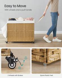 SONGMICS Laundry Hamper With Lid, 42.3 Gallons (160 L), Rolling Laundry Basket With Wheels, 3-Section Synthetic Rattan, Removable Liner, Bedroom, 27.6 X 14.2 X 26 Inches - 原木色 - 查看 4