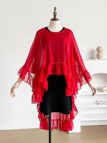 1pc Minimalist Solid Color Designed Silver Wire Round Neck Ruffled Shawl, Women's Summer Fashion Versatile Chiffon Asymmetrical Pullover Sunscreen Breathable Lightweight Shawl, Multifunctional For Travel And Sun Protection,Beach Towel,Holiday - Red - View 3