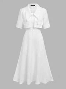 Plus Size Women's Elegant Casual Business Commute 2-Piece Set, Solid Color Pocket Office Short Sleeve Shawl & Slip Dress White Summer - White - View 6
