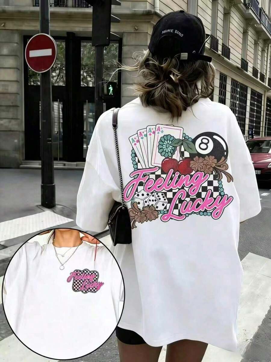 1pcsEMERY ROSE Graphic Tee Feeling Lucky Rodeo Shirt Retro Country Concert Top,Going Out Tops For Women Shine Print Cotton Tees Summer Casual Shirts - 白色 - 查看 1