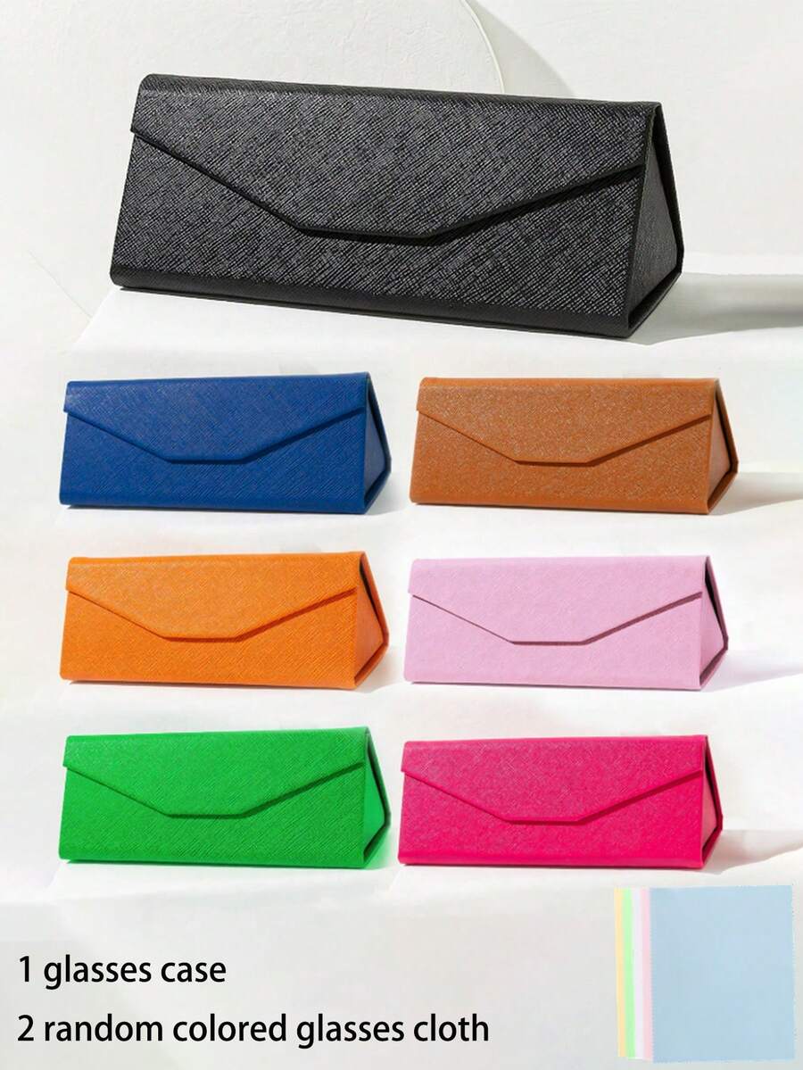 1pc Solid Color Leather Foldable Eyeglass Case + 2pcs Random Color Eyeglass Cleaning Cloth, Suitable For Daily Use