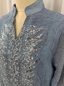 Solessence 女款亮片刺繡V領長袖A字洋裝，優雅派對婚禮穆斯林女裝，適合秋季 - 藍色 - 查看 5