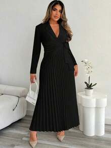 Vestido camisero de mujer con cintura ceñida y pliegues, adecuado para ir al trabajo, oficina y eventos de boda en otoño/invierno - Beis - Ver 10