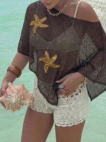 FOR BEAUTY Summer New Women's Ribbed Knit Shawl, Asymmetric Hem Shimmery Lightweight Breathable Fabric, Loose Fit Suitable For Various Figures, Beach Casual Top, Bohemian Style Summer Outfit Vacation - Coffee Brown - View 7