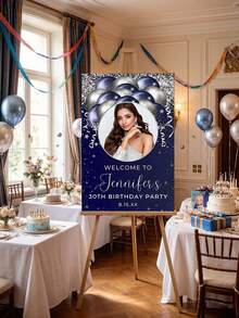 1pc Personalized Birthday Poster, Blue & Silver Balloon Theme Birthday Welcome Sign, Birthday Party Welcome Sign With Photo, Customized Birthday Celebration Welcome Signage, Birthday Party Welcome Backdrop, Customized Birthday Party Welcome Board Template, Birthday Party Entrance - Multicolor - View 2