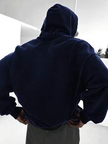Sudadera con capucha casual y versátil para hombres con bolsillo canguro y cordón, estampada, para otoño/invierno - Azul Marino - Ver 2