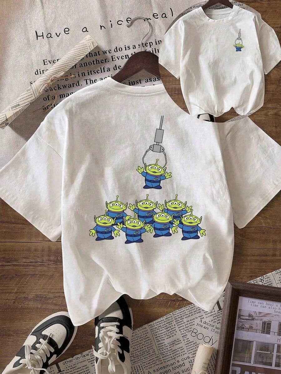 Disney Loose Version Of Toy Story Three Eyed "Claw Machine Grab" Fun Front And Back Printed T-Shirt, Suitable For Summer And Spring, Short Sleeved Tops, Women's Clothing, Holiday Gift Party Clothing. - 白色 - 查看 1