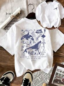 Women's Summer Short-Sleeved T-Shirt With A Casual Marine Animal Print Featuring Sharks, Dolphins, And Starfish. It Has A Round Neck, A Loose And Versatile Fit, And Is Beige In Color. Ideal For Everyday Wear And Vacations. Unisex. - 白色的 - 查看 5