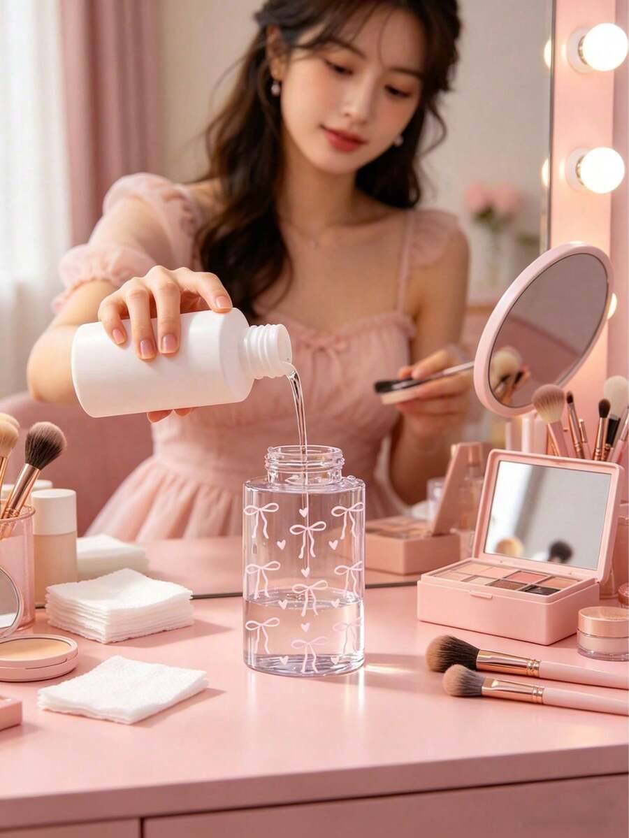 Botella de viaje recargable de PET transparente con diseño de lazo rosa, con cabezal de bomba portátil de 3.38oz/6.76oz, apta para quitaesmalte, tónico y desmaquillante, con forma de cúpula, lavado a mano, reutilizable, esencial para viajes y vacaciones