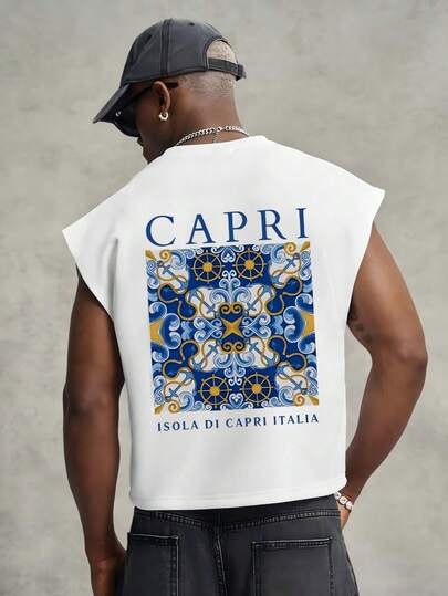 CAPRI 航海风瓷砖印花无袖上衣，美式复古宽松修身无袖衬衫